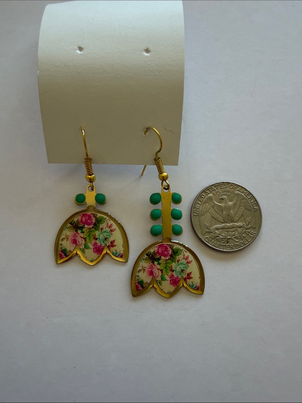 Gold-Tone Floral Drop Earrings with Green Accents
